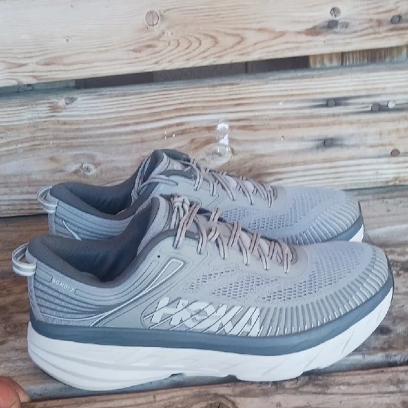 Hoka Bondi 7 Gray and White Athletic Shoes with Maximalist Cushioning - Picture 4 of 14